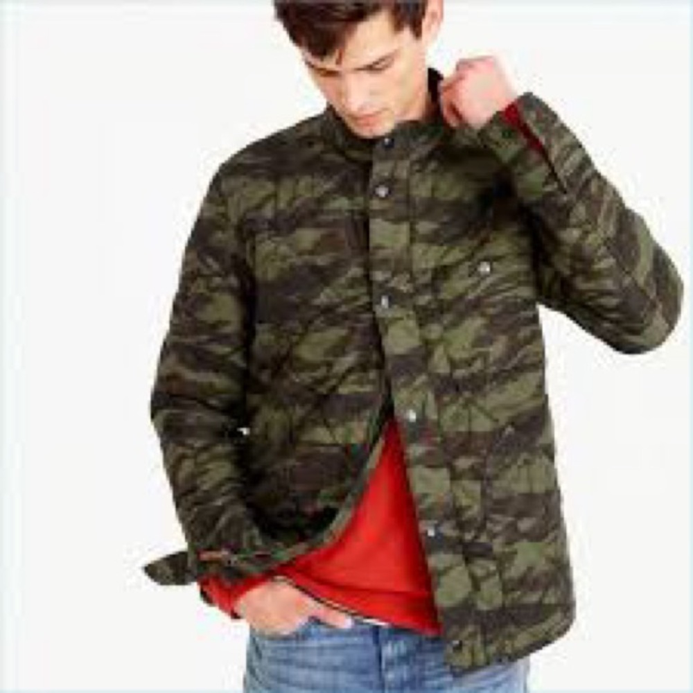 J. Crew Men's Olive Camo Quilted Field Jacket with Red Lining